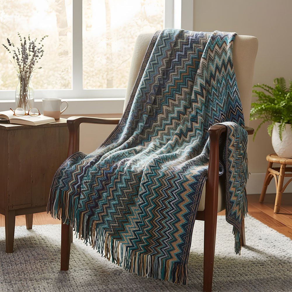Living and Home Bohemian Blue Wave Sofa Throw Blanket with Tassels 170 x 127cm Image 2