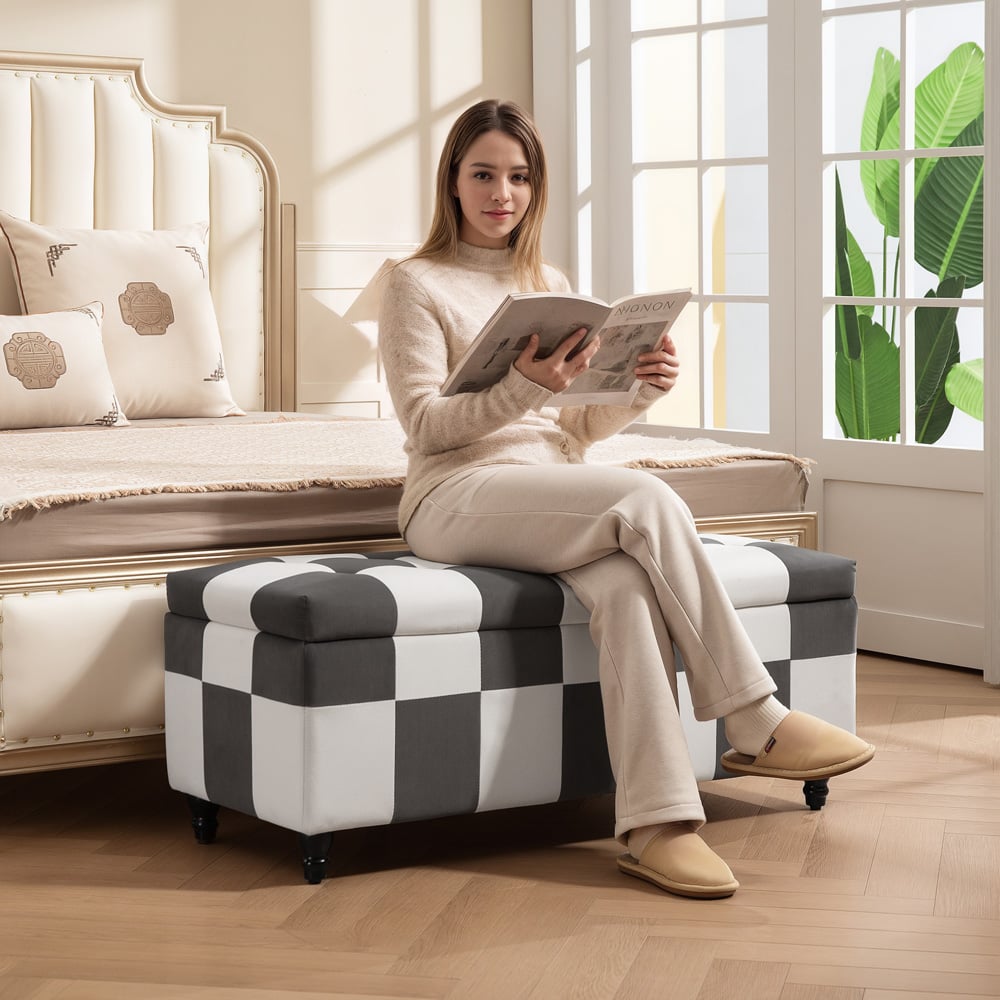 HOMCOM Colour Block Velvet Button Tufted Storage Ottoman Image 5