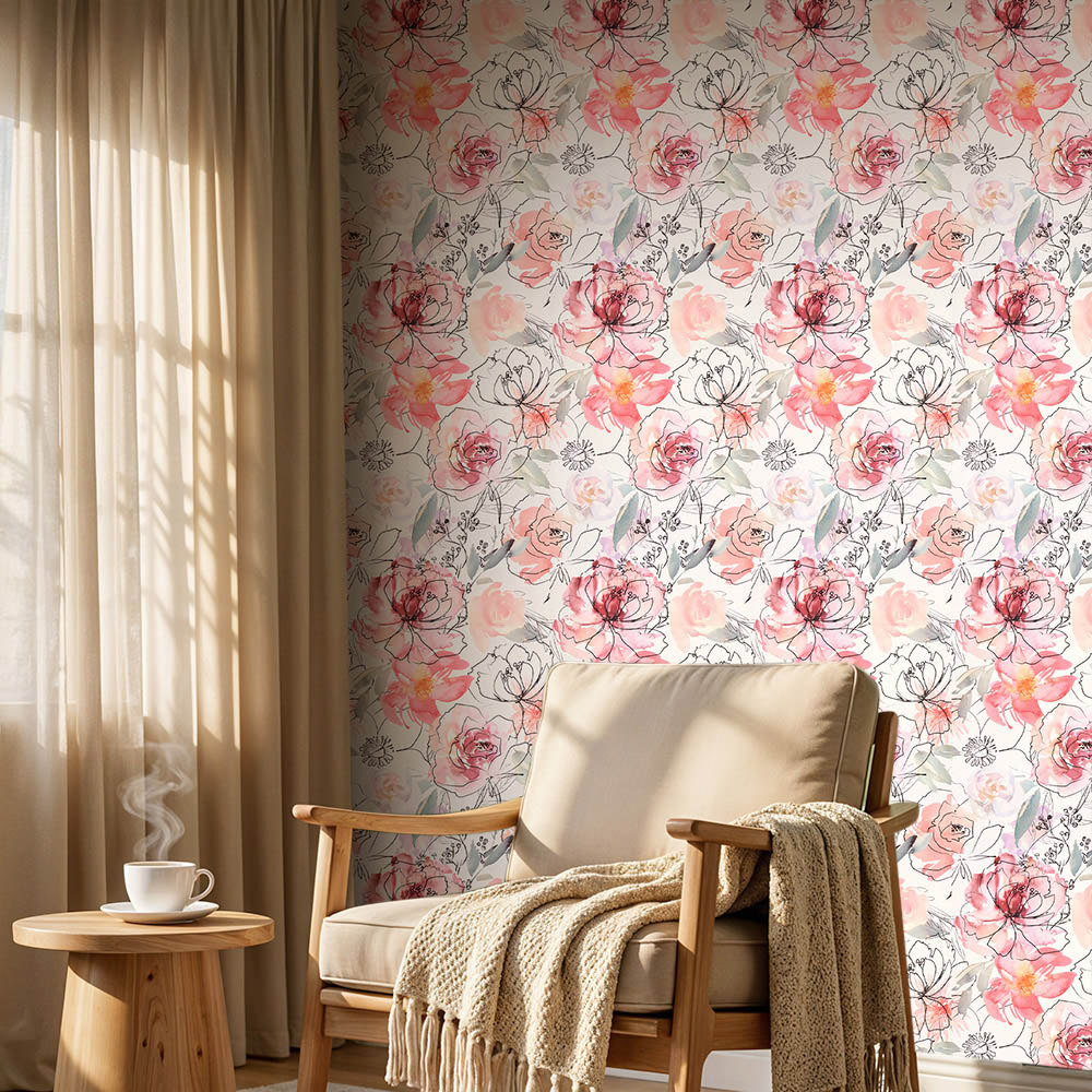 Living and Home Floral Pattern Pink Peel and Stick Wallpaper Image 2