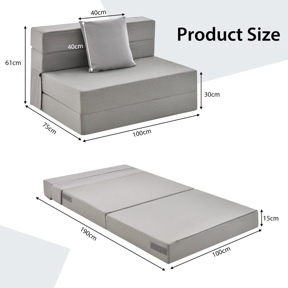 Costway Single Light Grey Tri Fold Sofa Bed with Pillow Image 9