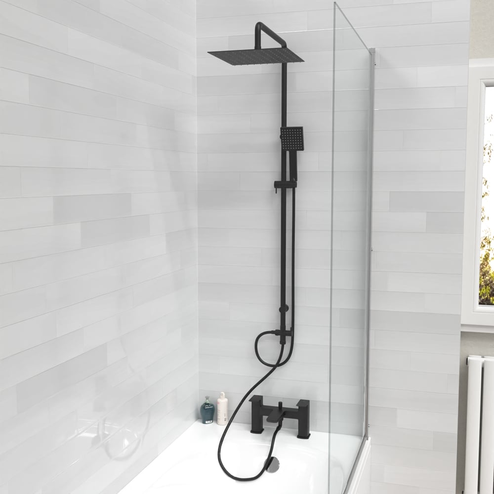 Nes Home Astra Matte Black Square Shower Riser Rail Kit with Bath Mixer and Handset Image 2