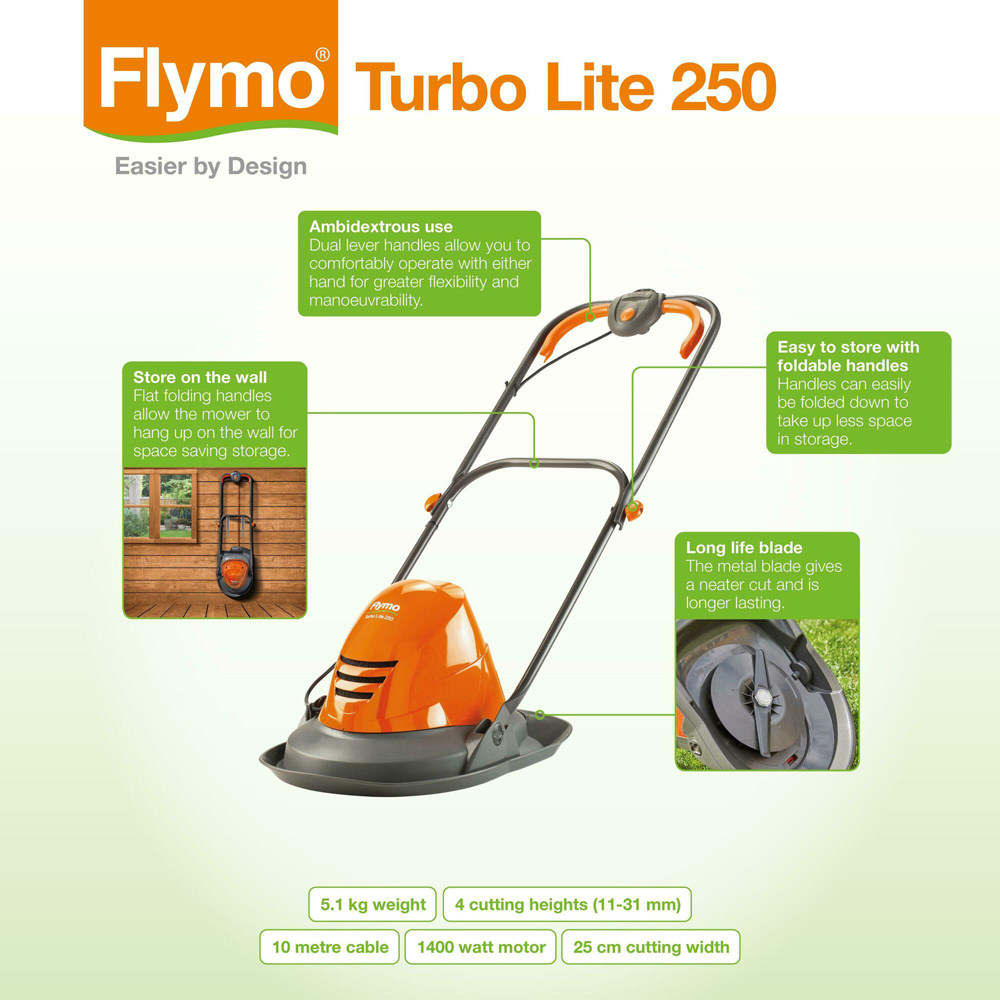 Flymo 9679094-01 1400W Turbo Lite 250 25cm Hover Electric Lawn Mower Image 6