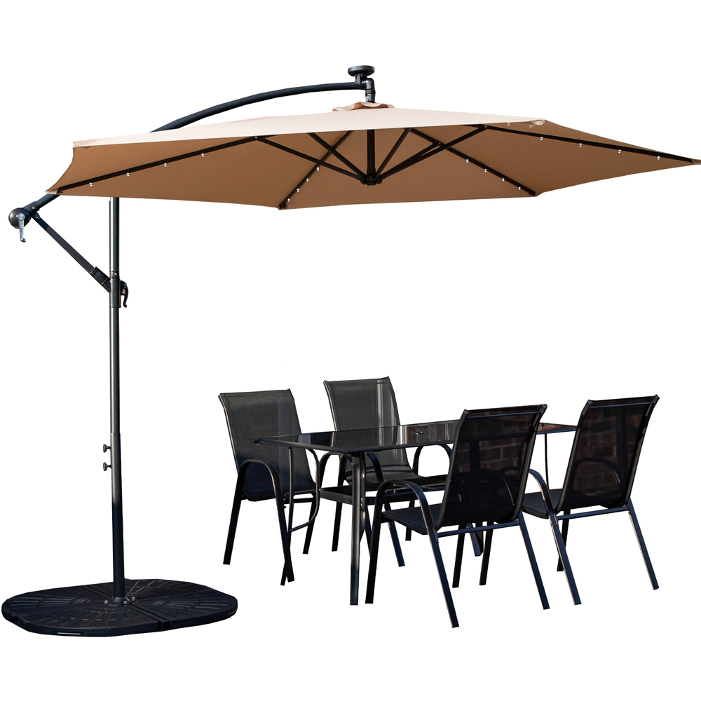 Samuel Alexander 4 Seater Glass Top Outdoor Dining Set with Beige Banana Lit Parasol and Base Image 2