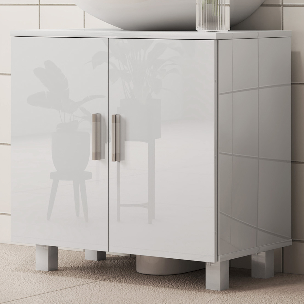 Portland 2 Door White High Gloss Freestanding Bathroom Under-Sink Cabinet Image 1