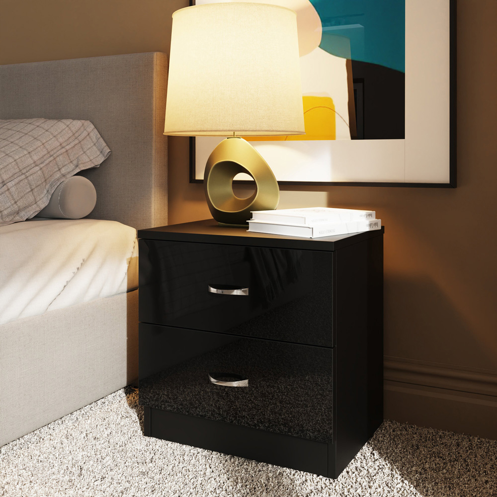 FWStyle Chilton 2 Drawer Black Gloss Bedside Table Image 5