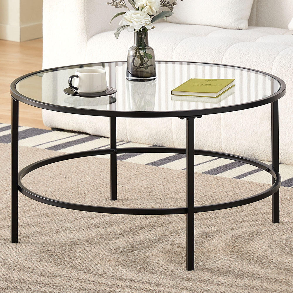 Comfy Living Black Round Tempered Glass Coffee Table Image 1