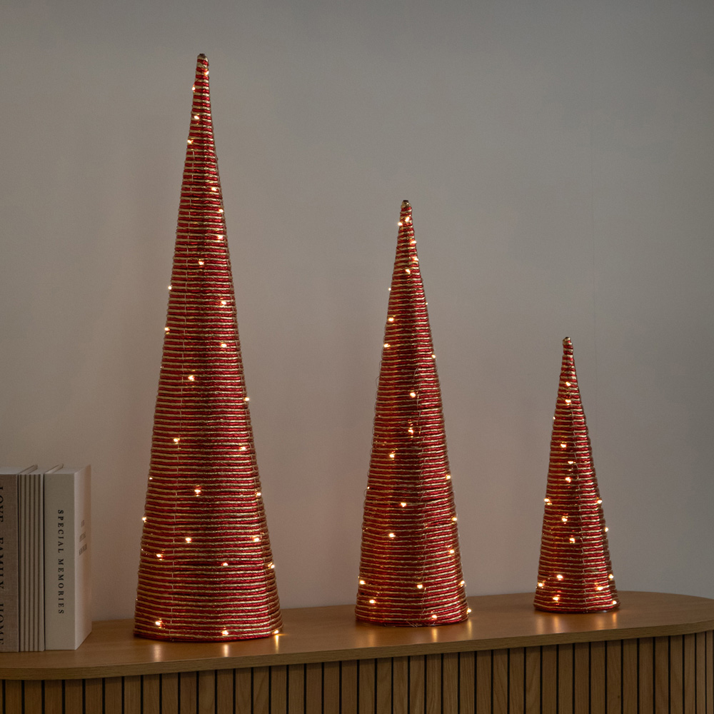Samuel Alexander 120 Warm White LED Red and Gold Braid Christmas Cone Tree with Timer Set of 3 Image 9
