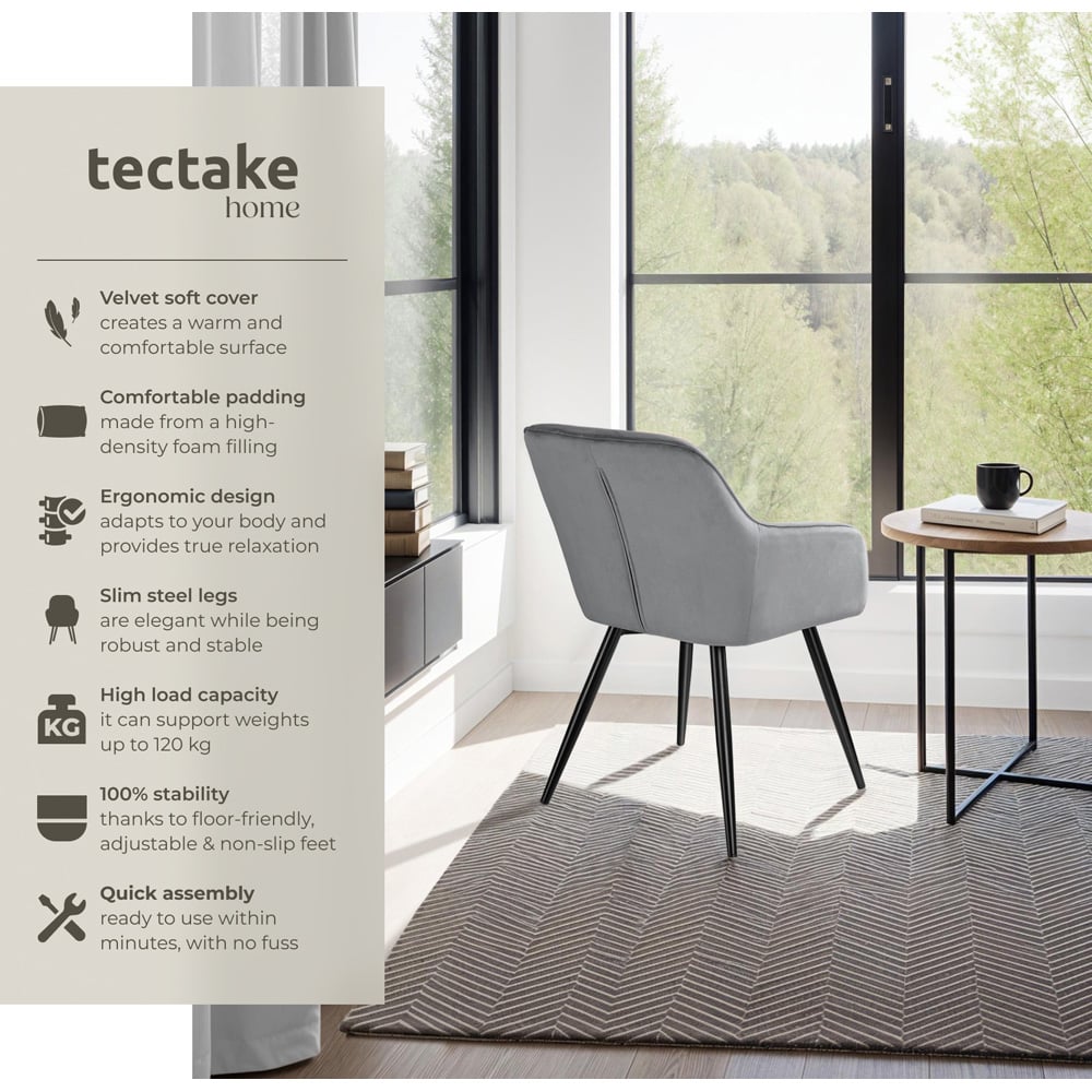 tectake Marilyn Grey and Black Velvet Padded Dining Chair Image 6