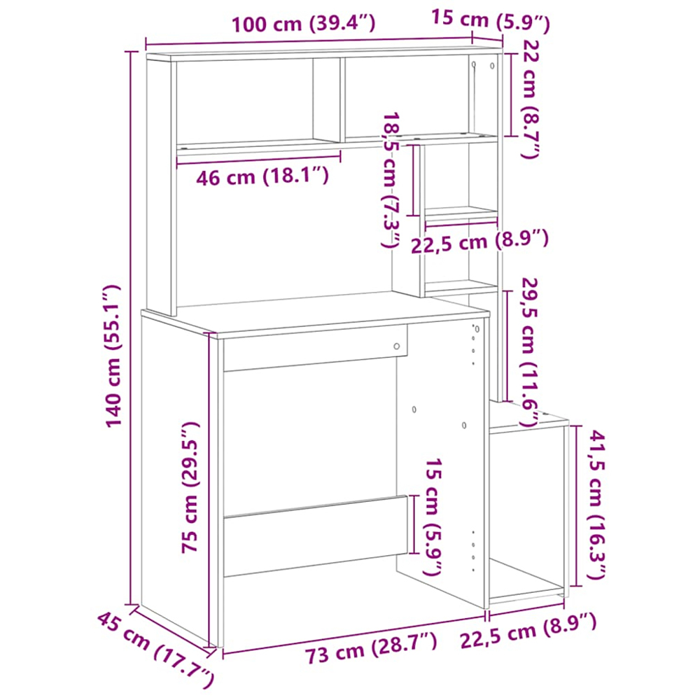 vidaXL 6 Shelf Study Desk Brown Oak Image 9
