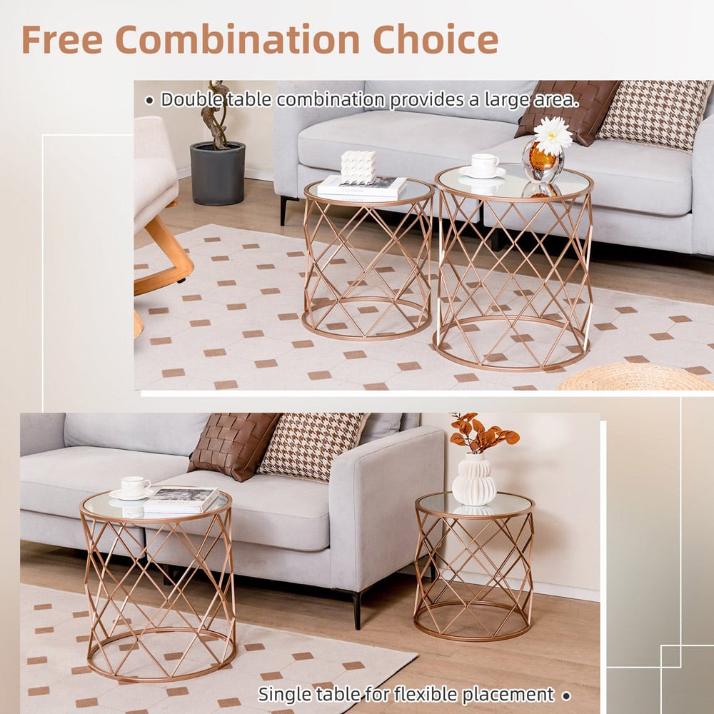Costway Rose Gold Mirrored Top Nest of Tables Set of 2 Image 5