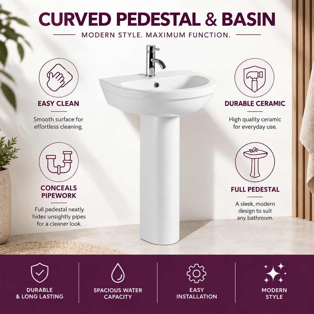Go Bathrooms White Ceramic Curved Full Pedestal and Basin Image 6
