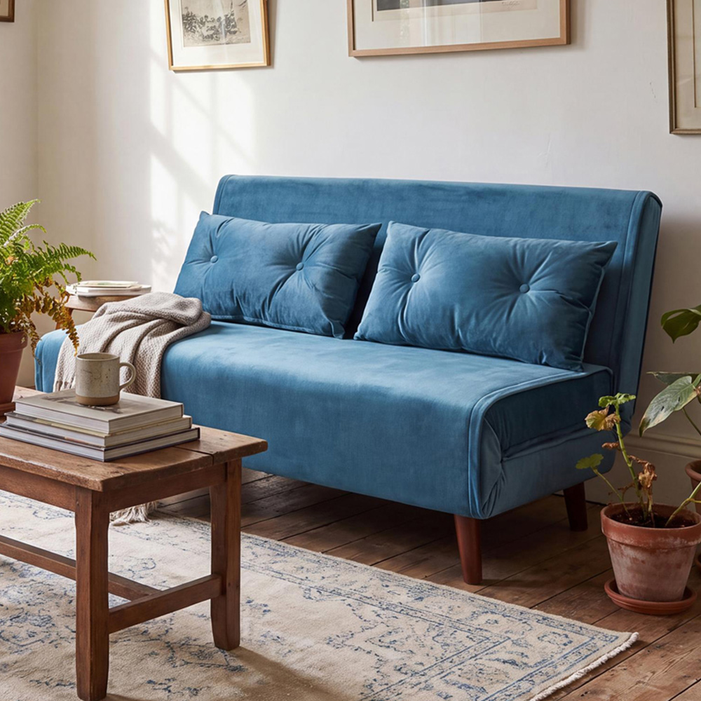 Portland 2 Seater Blue Velvet Sofa Bed Image 1
