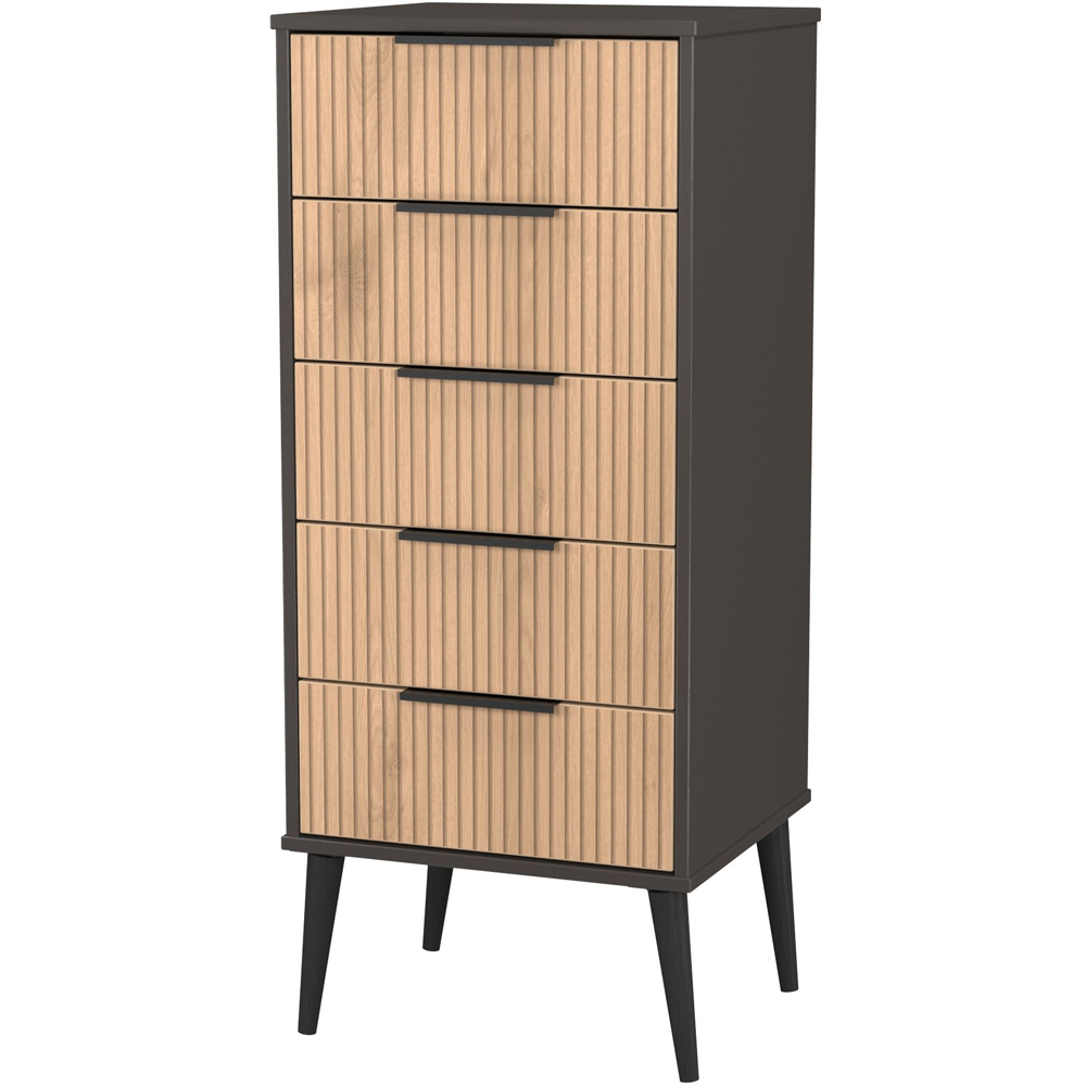 Crowndale Hong Kong 5 Drawer Slatt Effect and Graphite Tall Bedside Cabinet Ready Assembled Image 4