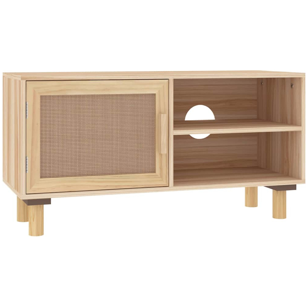 vidaXL Single Door 2 Shelf Brown Solid Pine Wood and Natural Rattan TV Cabinet with Cable Hole Image 2
