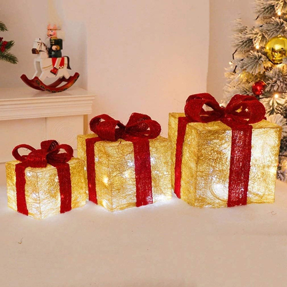 Shatchi Set of 3 Warm White LED Tartan Bow Rattan Parcels Image 1