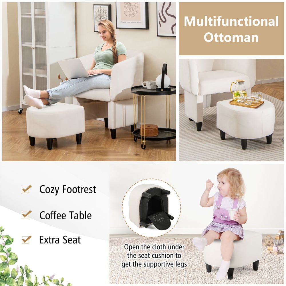 Costway Beige Upholstered Velvet Armchair with Ottoman Image 4