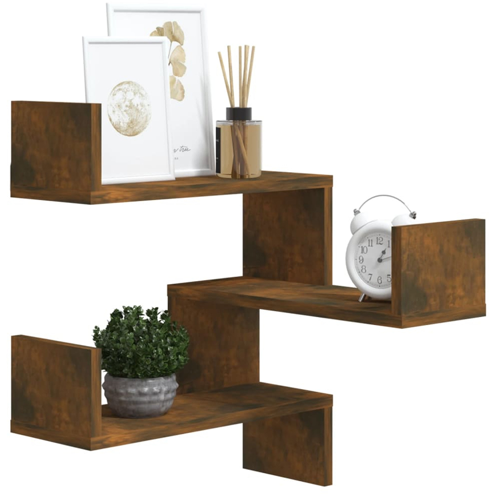 vidaXL 3 Shelf Smoked Oak Floating Corner Wall Shelf Image 5