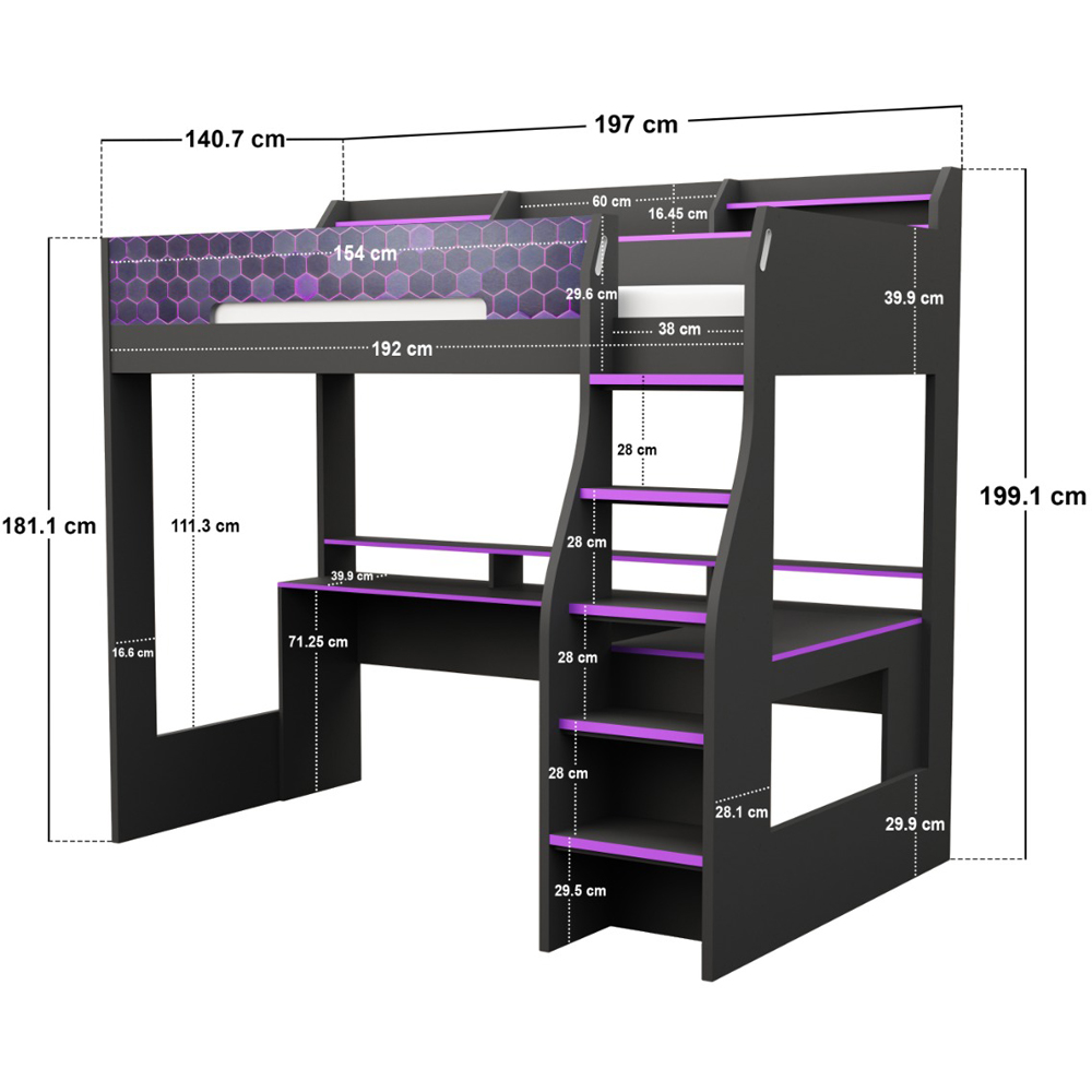 Recoil Ultimate Small Double Charcoal and Purple Gaming High Sleeper Bed with LED Image 6