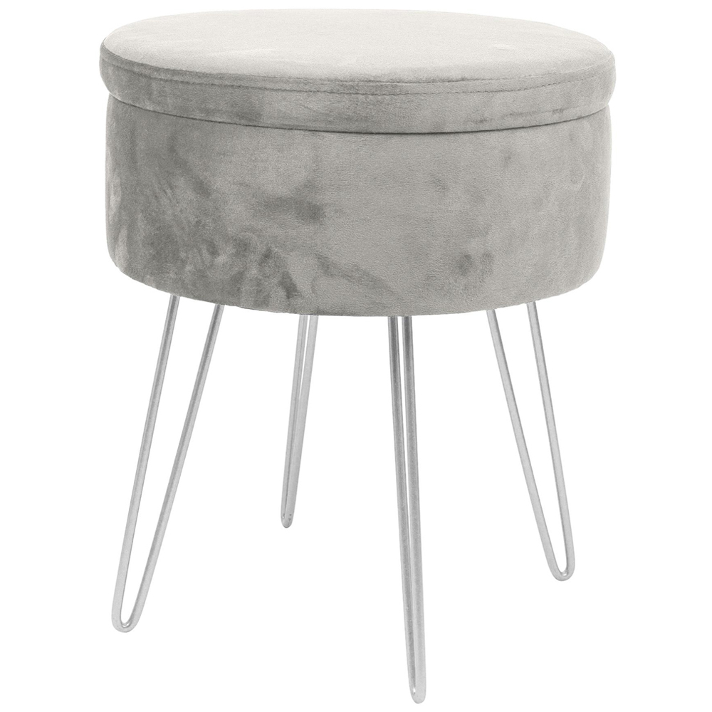Harbour Housewares Grey and Silver Velvet Round Footstool with Storage Image 2