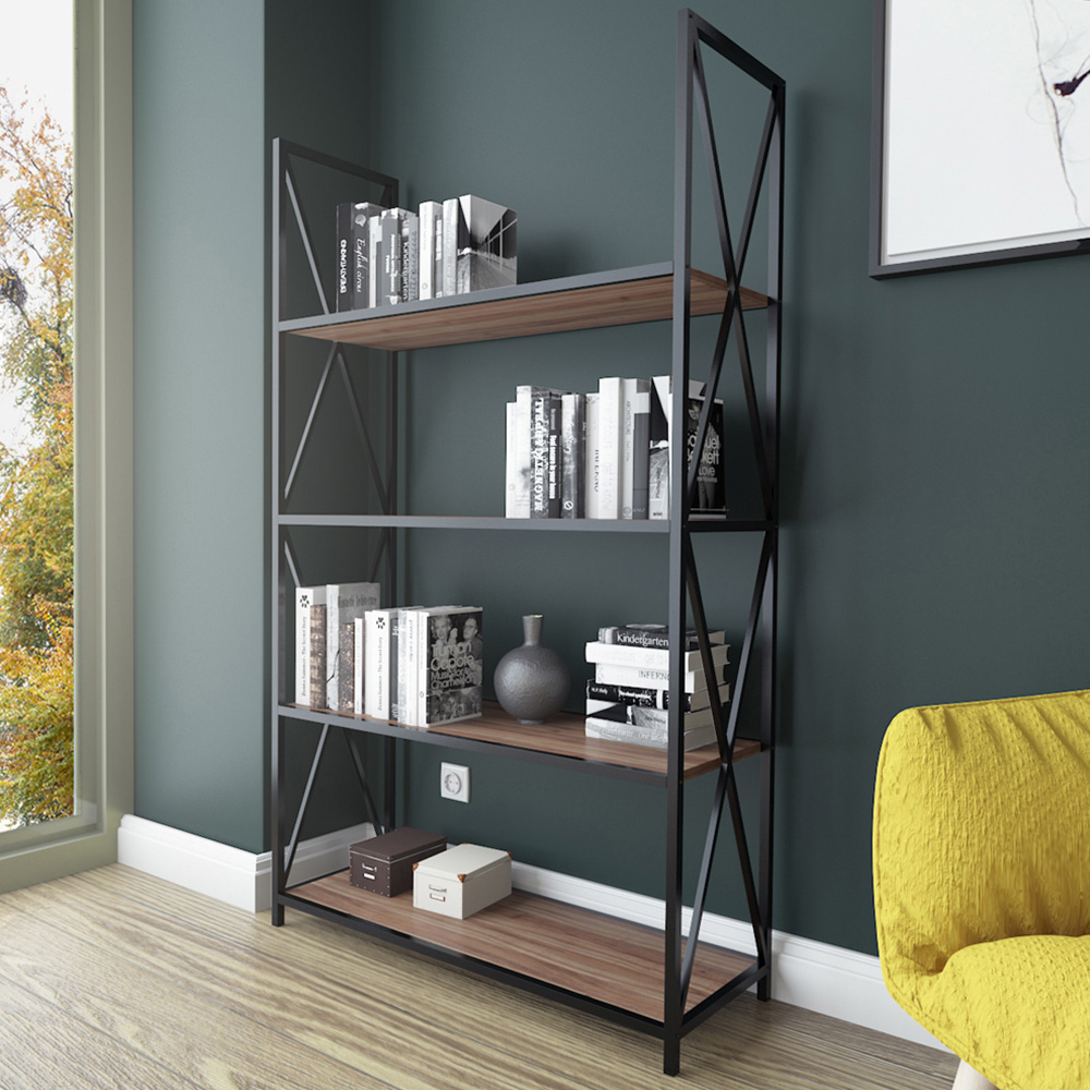 Decorotika Xena 4 Shelf Walnut and Black Bookcase Image 1