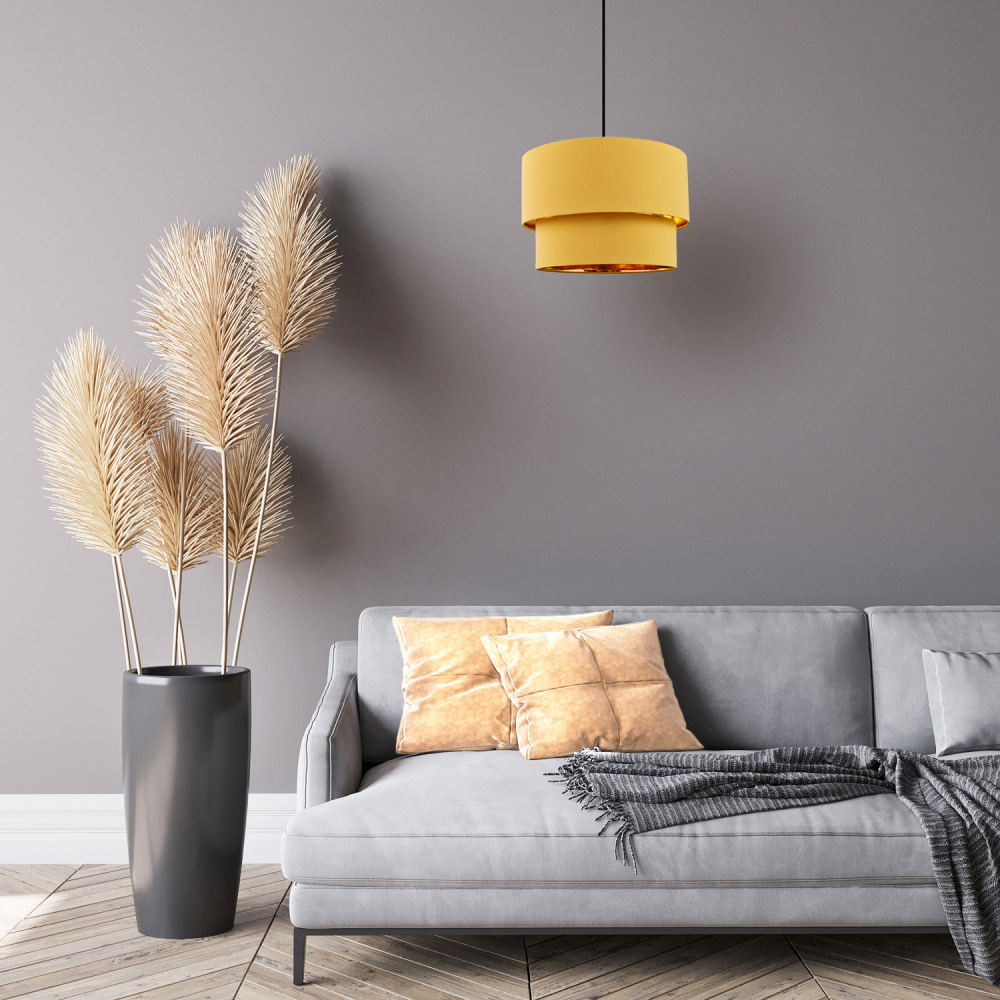Happy Homewares Mustard Ochre Cotton Double Tier Shiny Golden Inner Pendant Shade Image 2