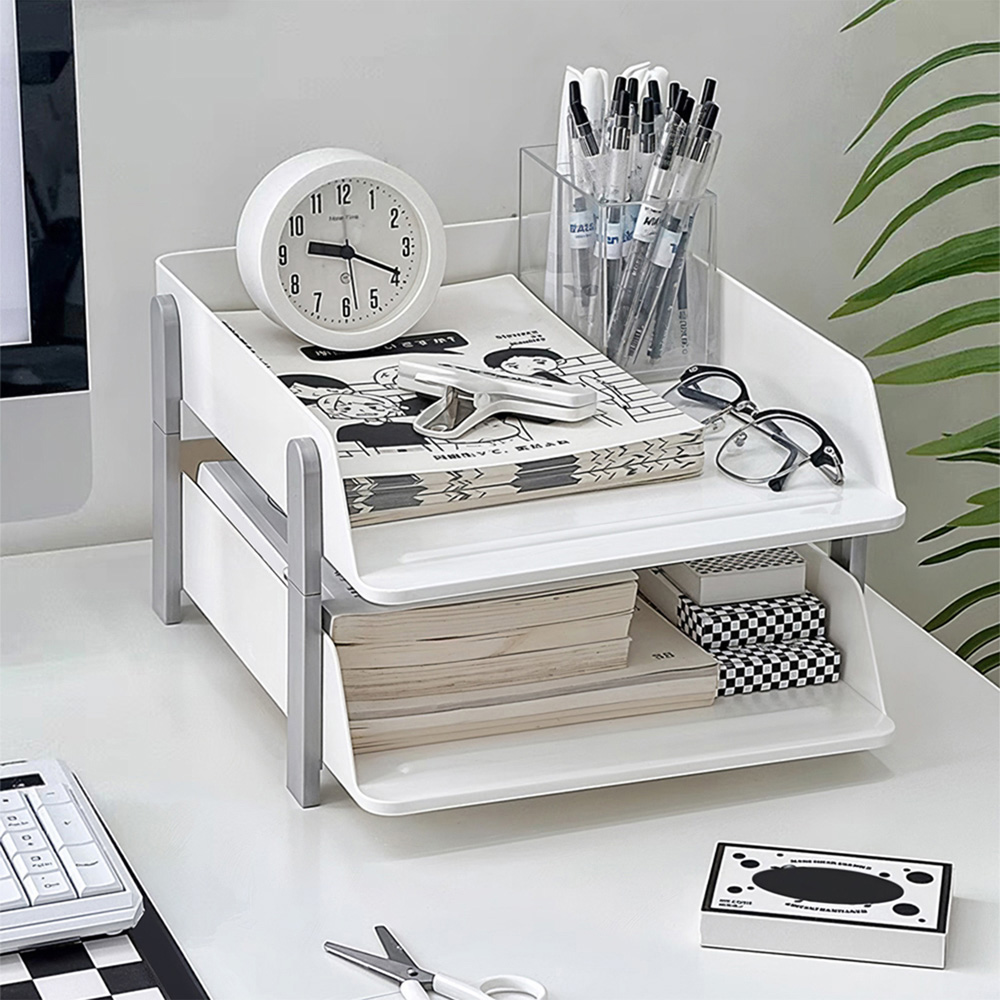 Living and Home 2-Tier White and Grey Tabletop File Organiser Rack Image 2