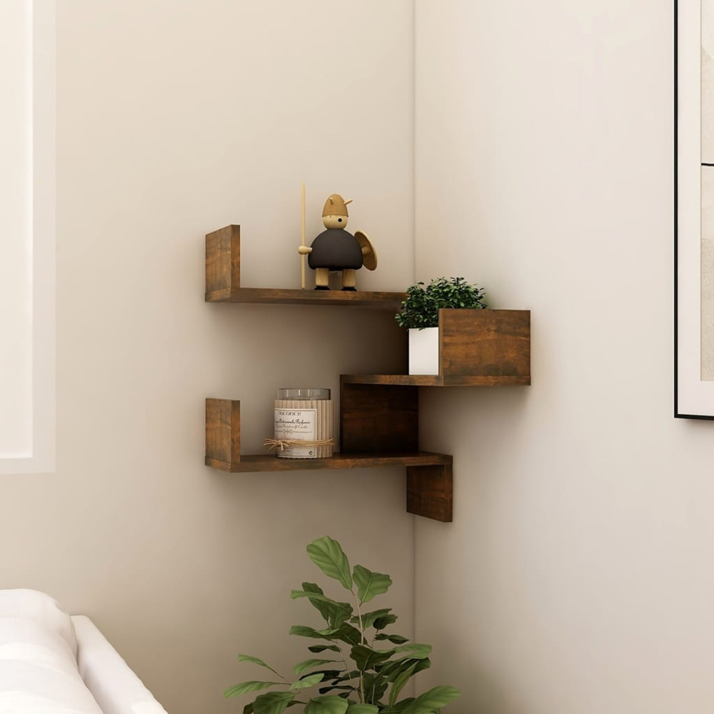 vidaXL 3 Shelf Smoked Oak Floating Corner Wall Shelf Image 6