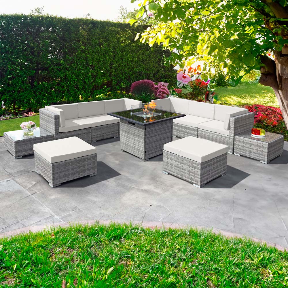 Oseasons Trinidad 8 Seater Dove Grey and White Cushion Deluxe Rattan Firepit Modular Sofa Set Image 1