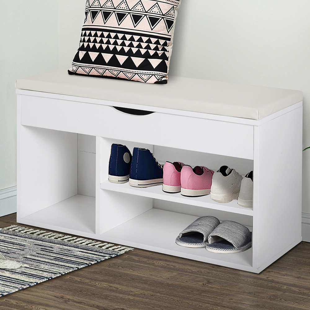 Portland White Wooden Shoe Rack with Storage Seat Image 1