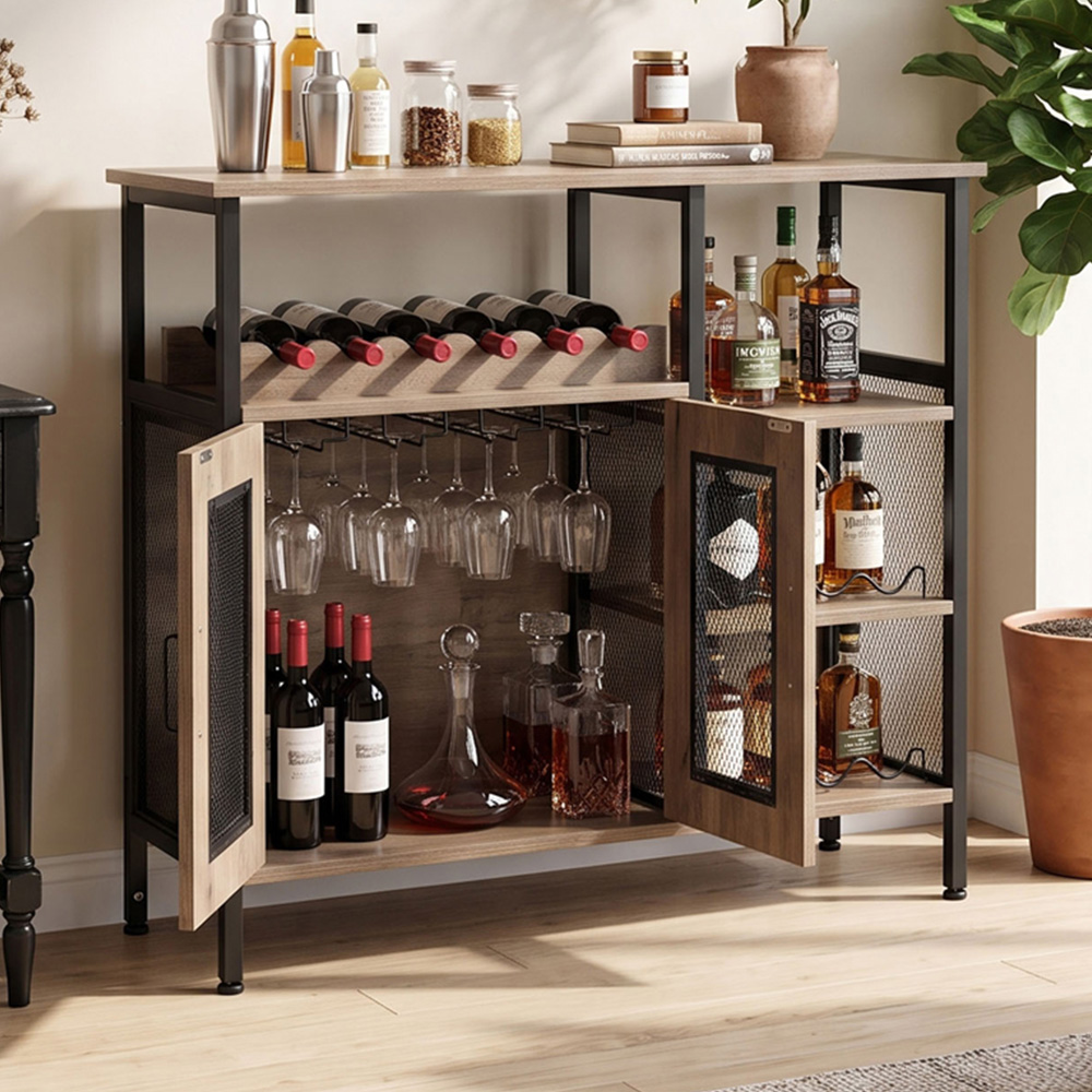 Living and Home 2 Door 3 Shelf Retro Grey Bar Cabinet with 5 Bottle Wine Rack Image 1
