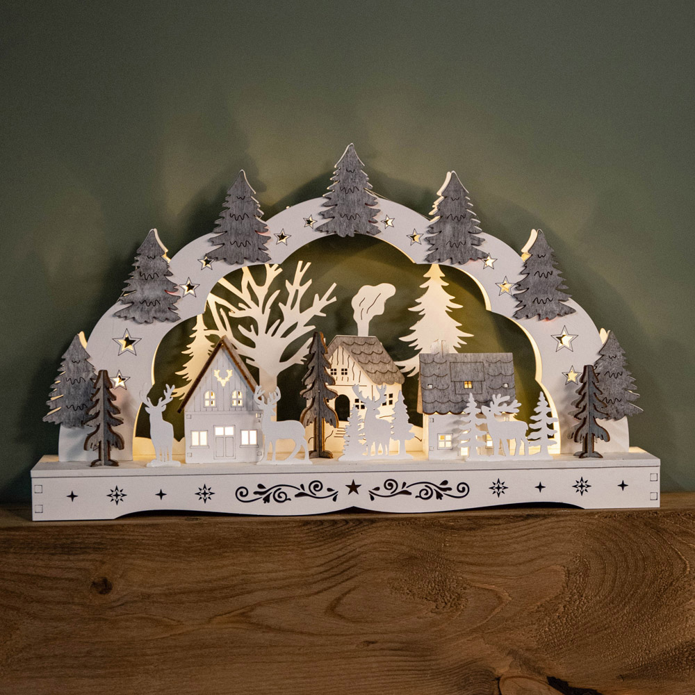 Samuel Alexander White Wooden Christmas Candle Bridge with Reindeer and Village Scene Image 1