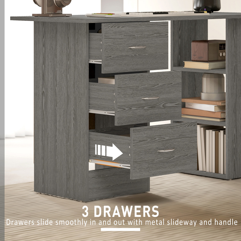 HOMCOM 3 Drawer 3 Shelf Computer Desk Grey Image 5