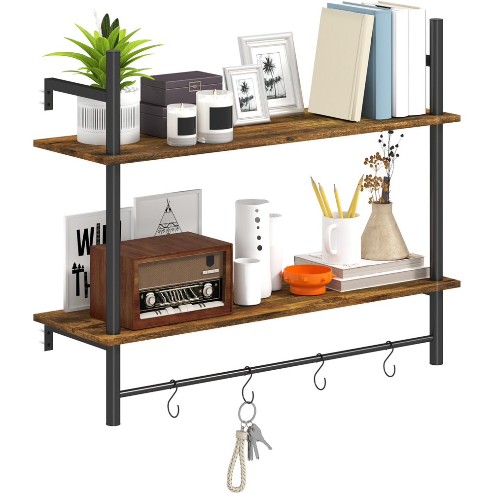 Portland 2 Tier Rustic Brown Wall Shelf Unit with 4 Hooks Image 1