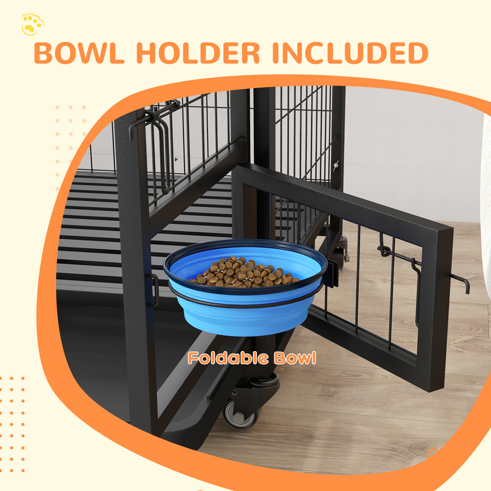 PawHut Black Heavy Duty Dog Crate on Wheels with Bowl Holder 92cm Image 5