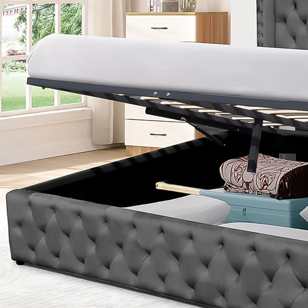 Brooklyn Double Dark Grey Plush Velvet Ottoman Bed with Winged Headboard Image 3