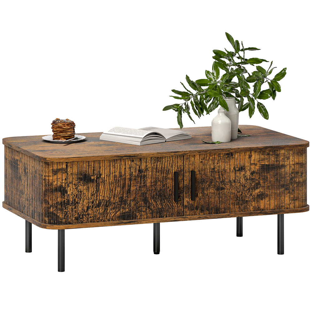 HOMCOM 2 Door Brown Coffee Table with Sliding Doors Image 2