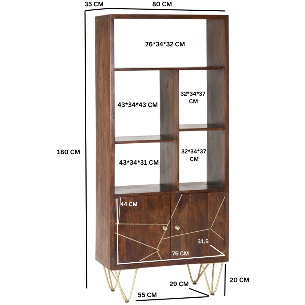 Brooklyn Ozella 2 Door 5 Shelf Dark Gold Large Bookcase Image 6
