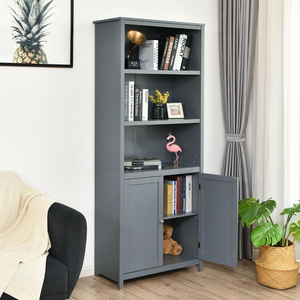 Costway 2 Door 3 Shelf Grey Bookcase Image 4