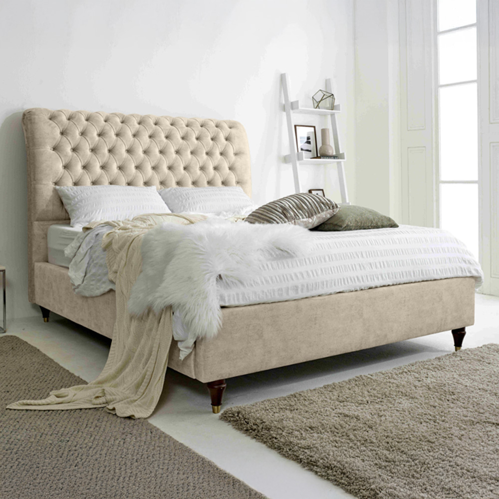 Eleganza Alisyn Double Oatmeal Marble Fabric Bed Frame with Sleigh Headboard Image 1