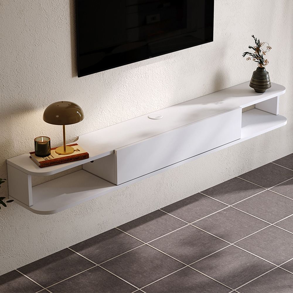 Living and Home Open Shelf White Wall Mounted TV Stand Image 1