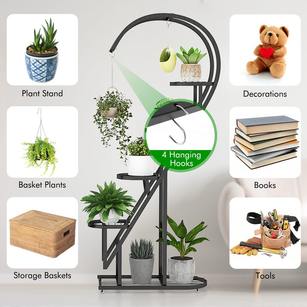 Costway Black Metal Plant Stand with Hanging Hooks Image 7