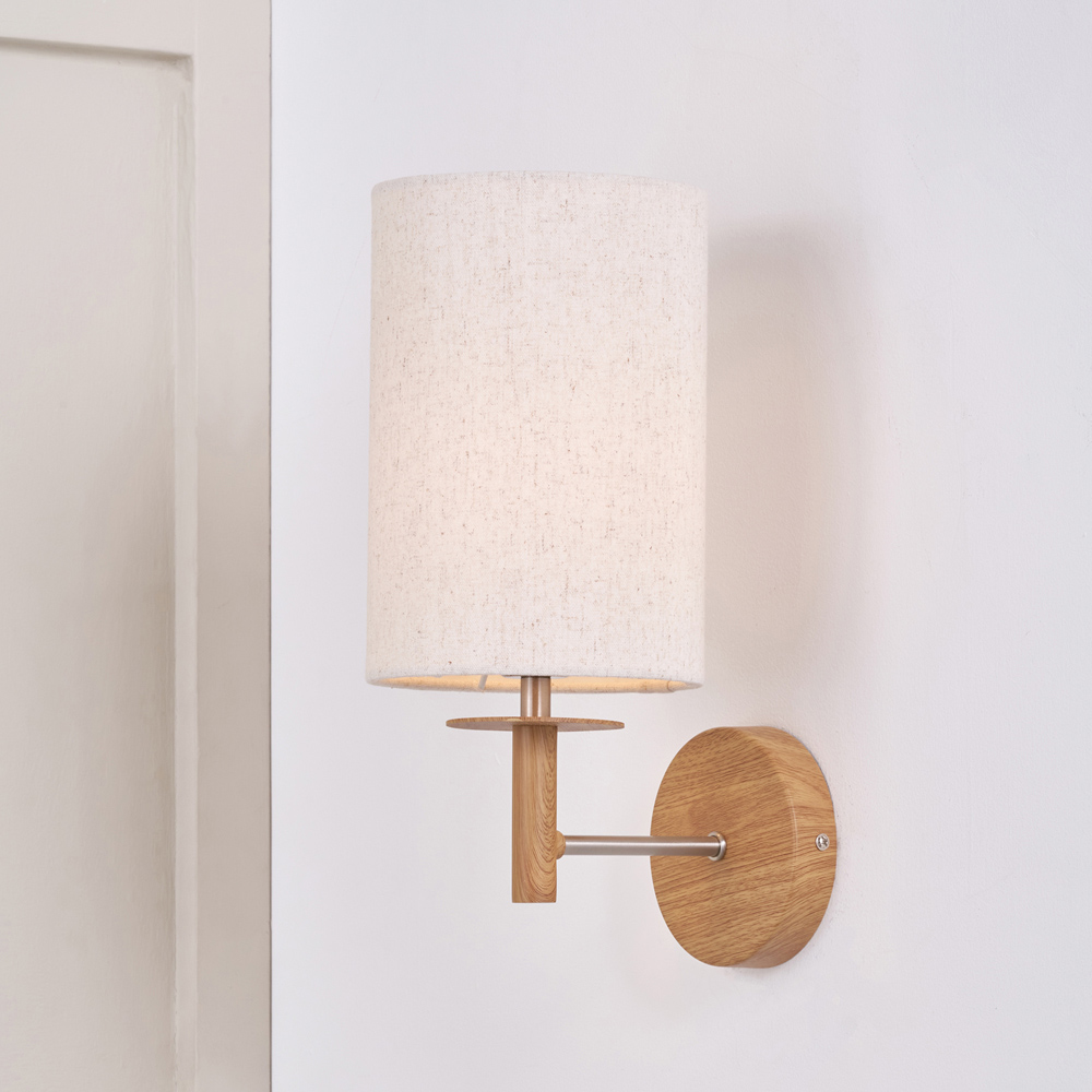 Pacific Lifestyle Bonham White Fabric Shade Natural Wood Veneer and Silver Metal Wall Light Image 2
