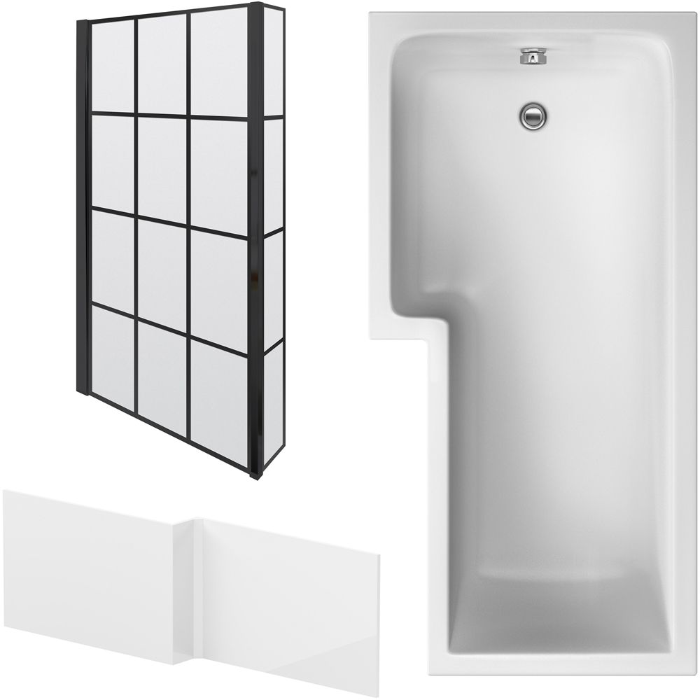 nuie 1700mm Left Hand Square Bath with Panel and Black Screen Image 1
