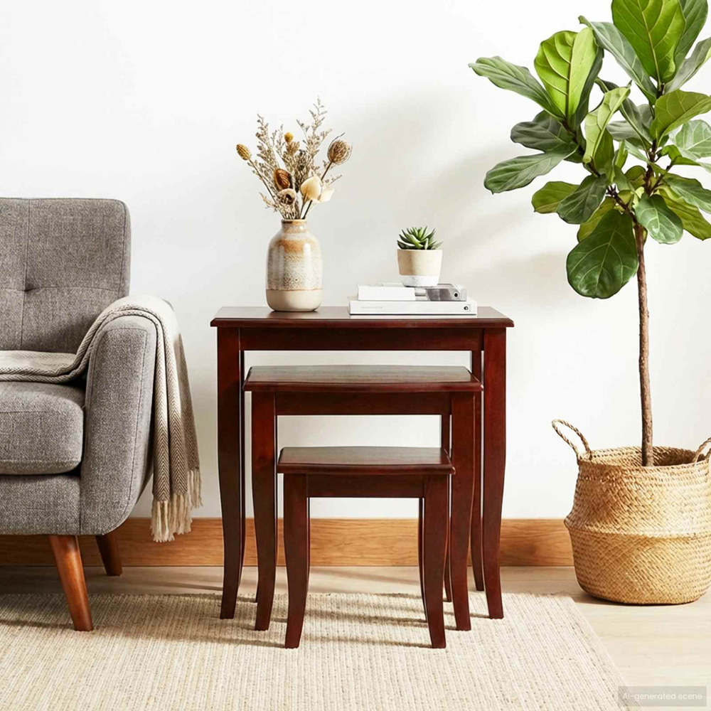 vidaXL Brown Solid Mahogany Wood Nest of Tables Set of 3 Image 9