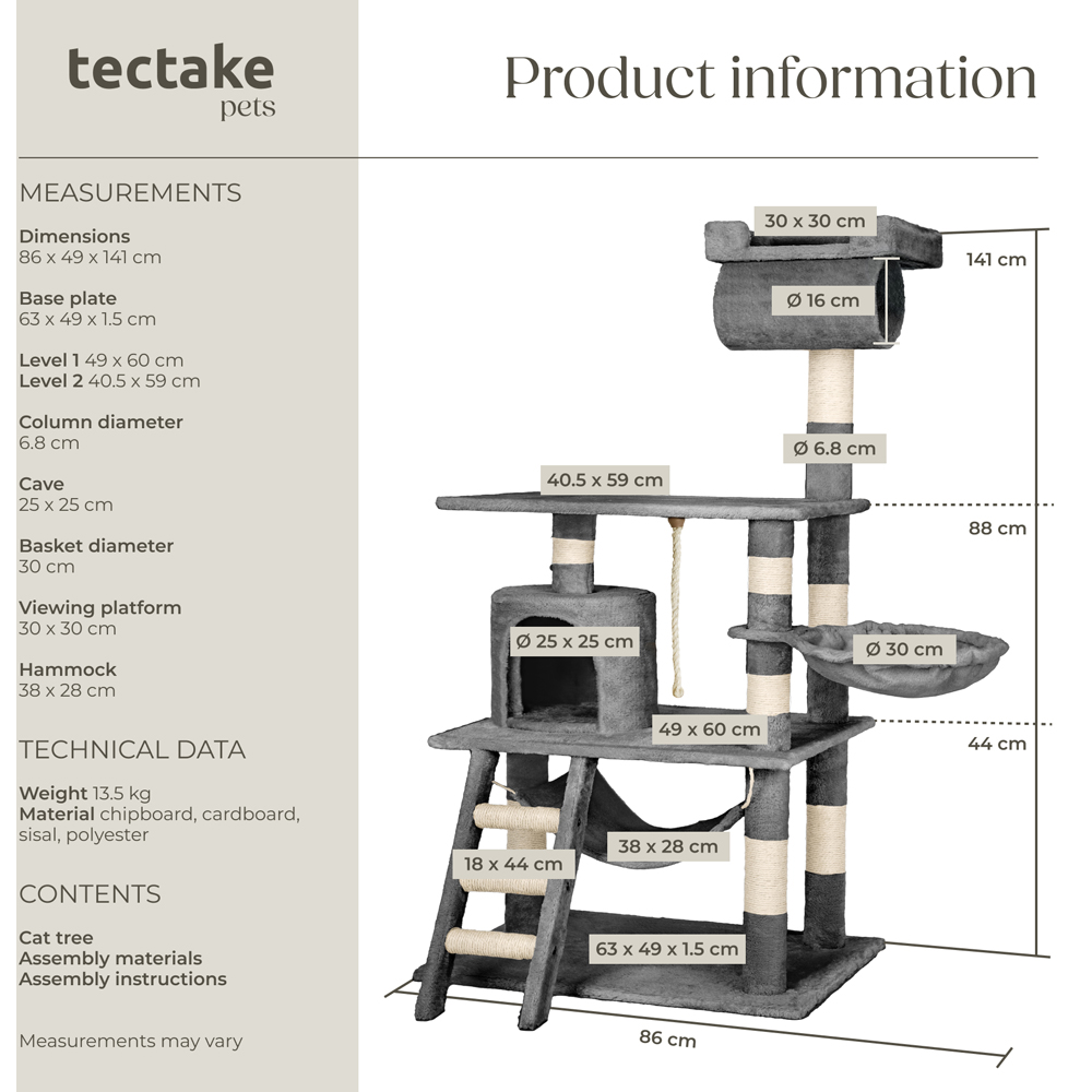 tectake Stokeley Grey Cat Tree with Scratching Post 141cm Image 9