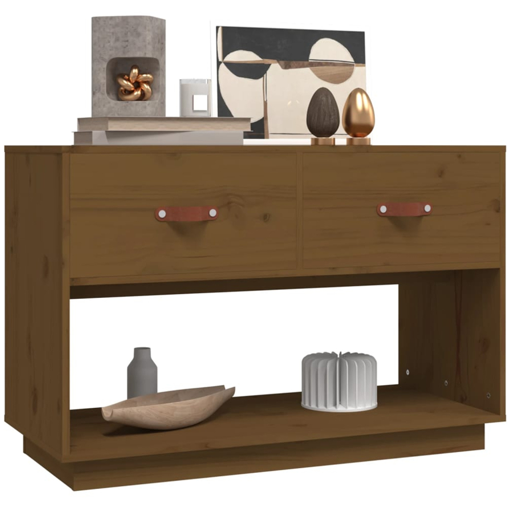vidaXL 2 Drawer Single Open Shelf Honey Brown Solid Wood Pine TV Cabinet Image 4