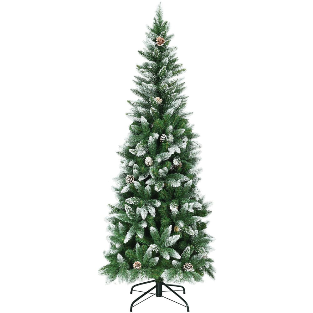 Costway Snow Flocked Pencil Artificial Christmas Tree with Pine Cones 6ft Image 1