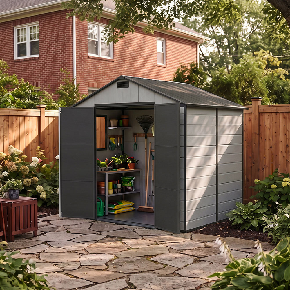 Living and Home 8 x 6ft Smokey Grey and Black Wood Grain Plastic Apex Storage Shed Image 7