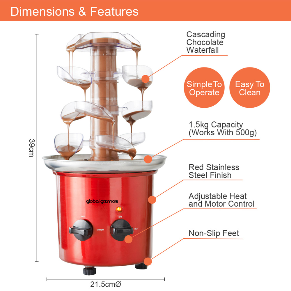 Global Gizmos Metallic Red 39cm Cascading Chocolate Fountain Image 3