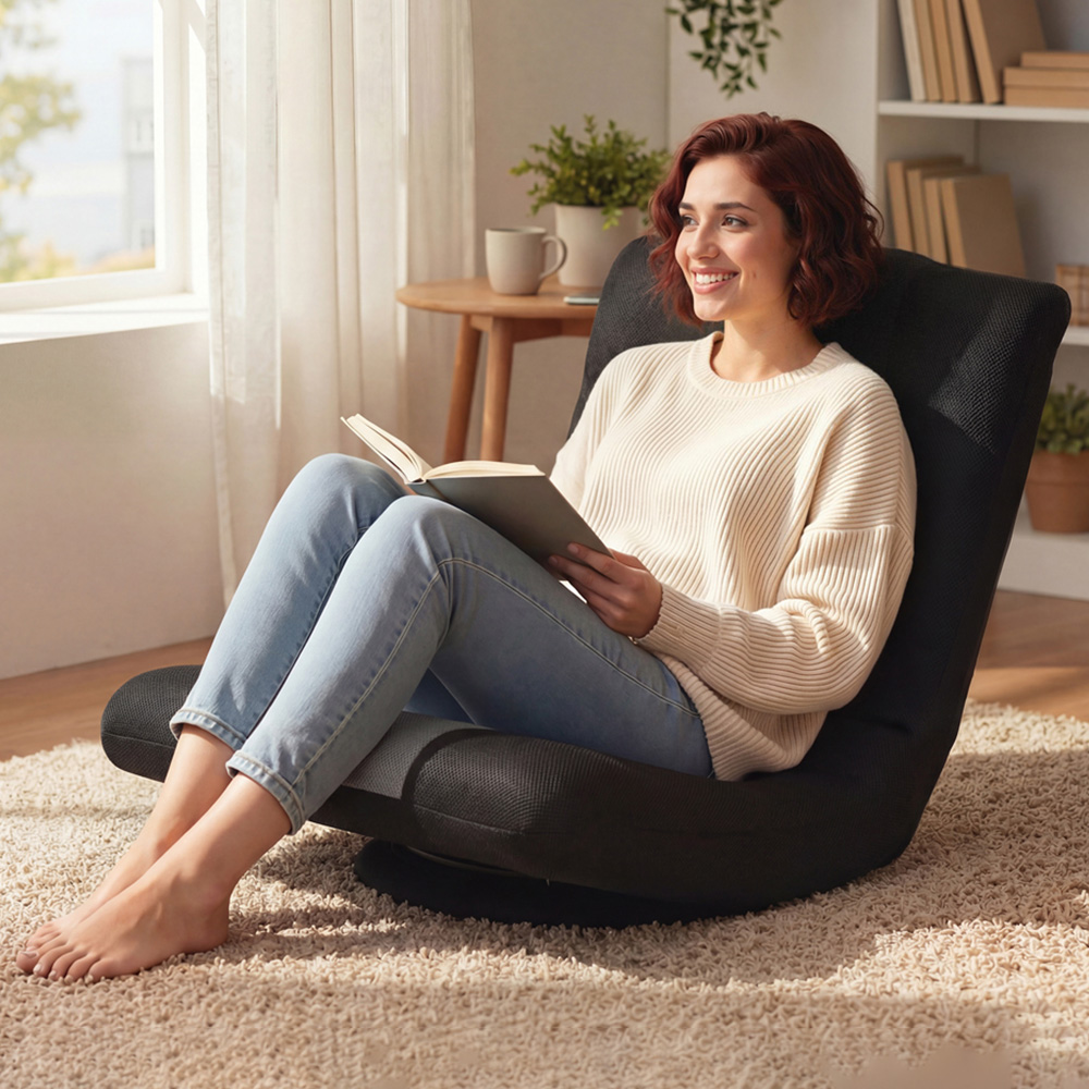 Portland Black Wide Seat Folding Floor Chair with Adjustable Backrest Image 1